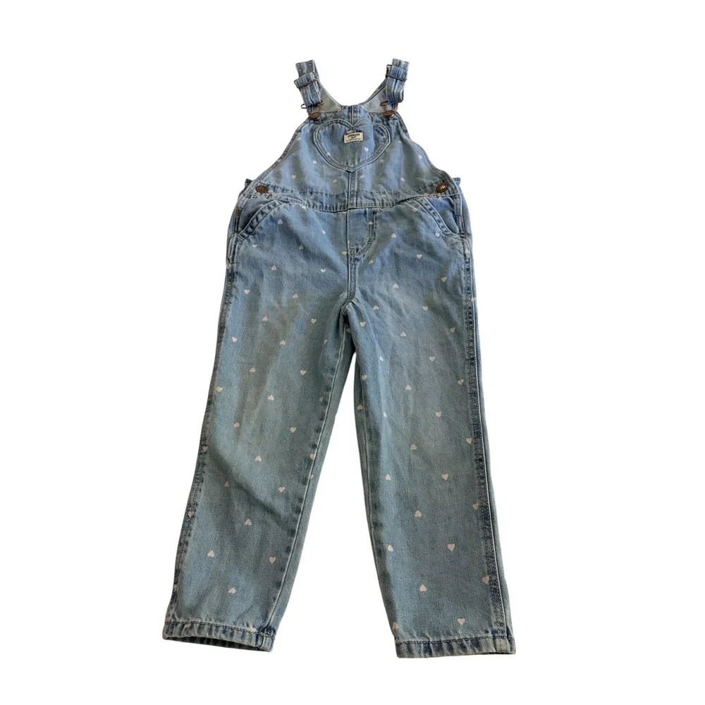 OshKosh Bgosh Girls 4T Blue Denim Heart Print Bib Overalls Heart‎ Pocket